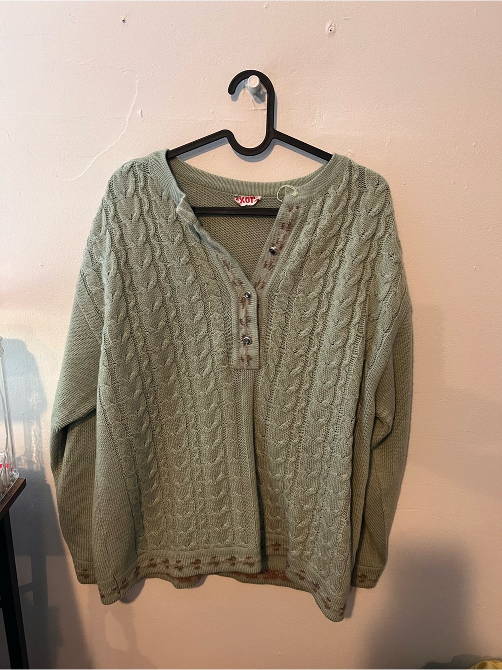 Chunky Cable Henley Sweater in Sage Green